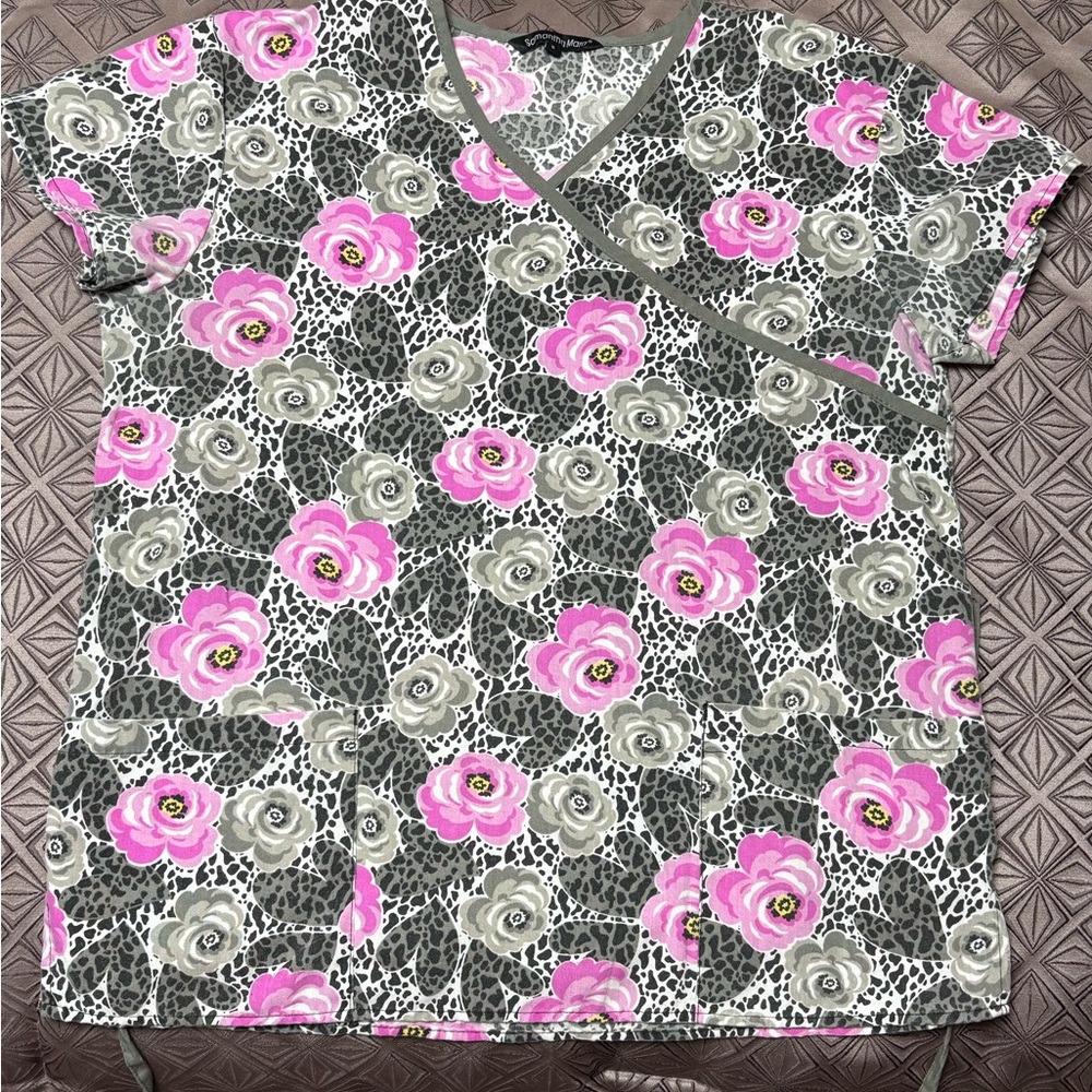 Pink and Gray floral scrubtop